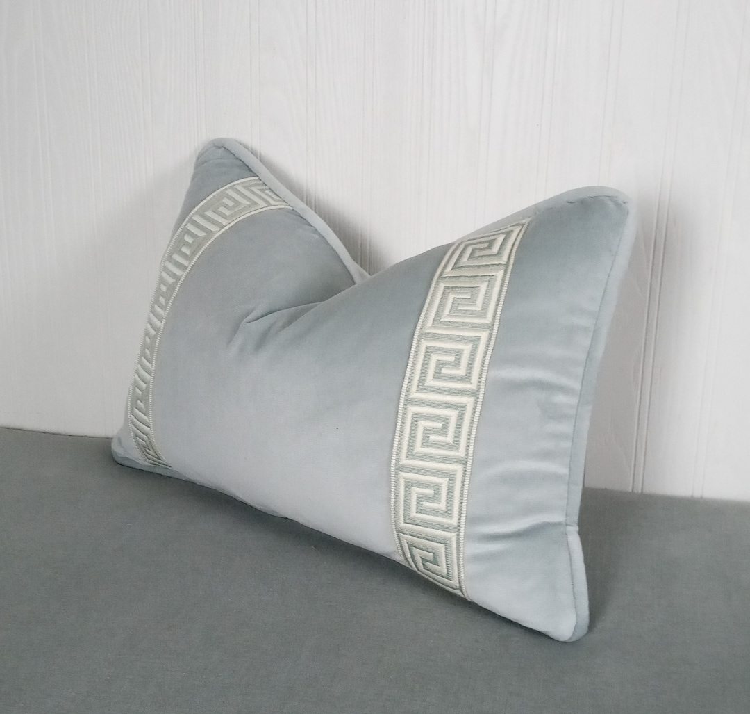 Light Blue Velvet Pillow Cover With Greek Key Trim FREE PIPING 13x20