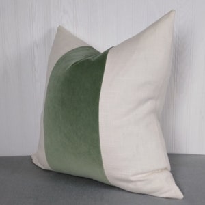 Green Velvet Pillow Cover Colorblock Tri Panel Sage Eucalyptus With White or Off-White 18x18 20x20 22x22 24x24
