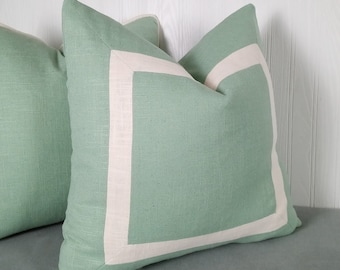 Light Green Pillow Cover with Mitered Band White or Ivory 18x18 20x20 22x22 24x24 MADE TO ORDER