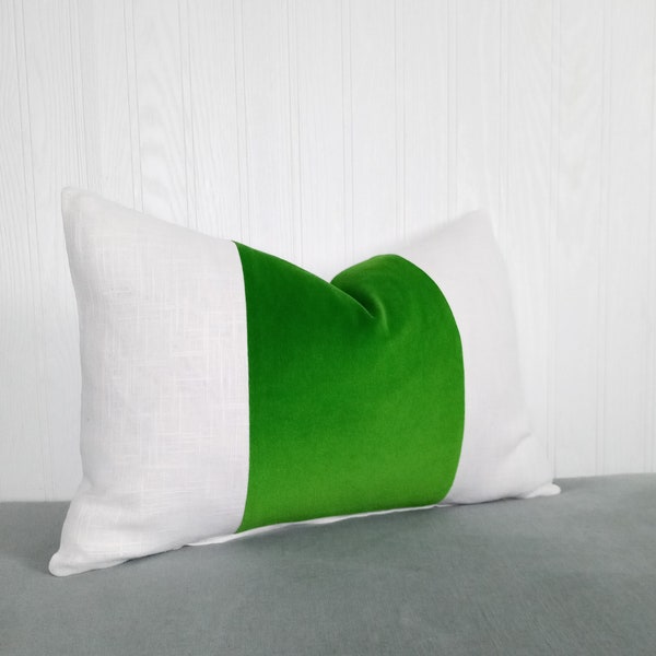 Kelly Green Pillow Cover Velvet and Linen Color Block Tri Panel 13x20 14x22 Lumbar MADE TO ORDER