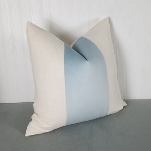 Blue Pillow Cover Light Blue Velvet and White or Off-White Tri Panel Color Block 18x18 20x20 22x22 24x24