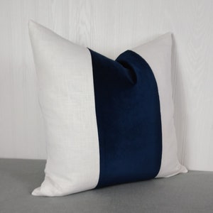 Navy Blue Pillow Cover with White or Off White Tri-Panel Color Block 18x18 20x20 22x22 24x24