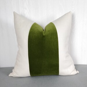 Olive Green Pillow Cover Tri Panel Color Block with White or Off-White Side Panels 18x18 20x20 Made To Order image 3