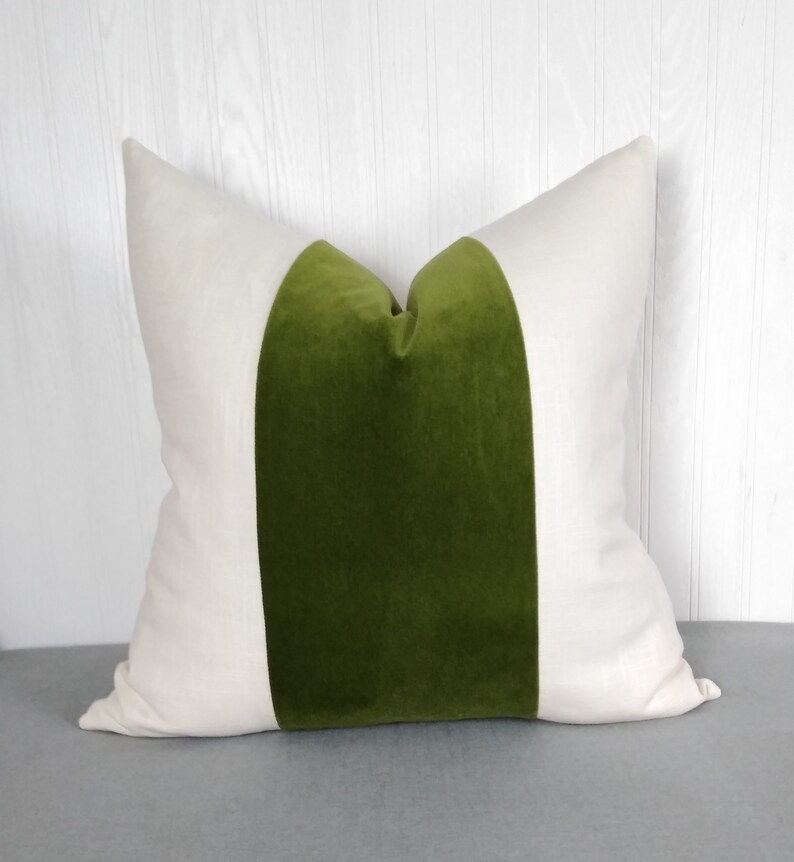 Olive Green Pillow Cover Tri Panel Color Block with White or Off-White Side Panels 18x18 20x20 Made To Order image 3