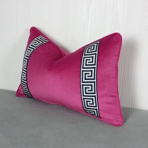 Fuchsia Pillow Cover with Navy Blue Greek Key Trim Pink Velvet FREE PIPING 13X20 14x22 16x24 Made To Order