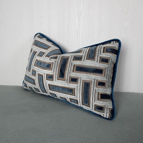 Blue Geometric Pillow Cover Cut Velvet FREE PIPING 13X20 14X22 Lumbar Made To Order