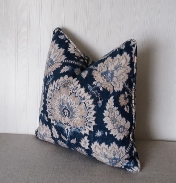 Navy Blue Ivory Pillow Cover Jacobean Floral Knife Edge or Etsy