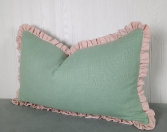 Light Green Ruffled Pillow Cover Light Pink Ruffle 12x18 13x20 14x22 Made To Order