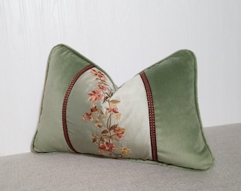 Sage Green Pillow Cover Eucalyptus Green Velvet with Embroidered Center Panel and Decorative Braid 13X20 Made To Order