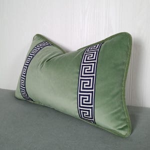 Green Velvet Pillow Cover Sage Eucalyptus with Navy Blue Greek Key Trim 13x20 14X22 16X24 FREE PIPING