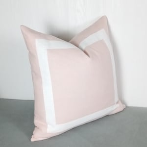 Light Pink Pillow Cover Blush Cameo with White or Ivory Mitered Band 18x18 20x20 22x22 MADE TO ORDER