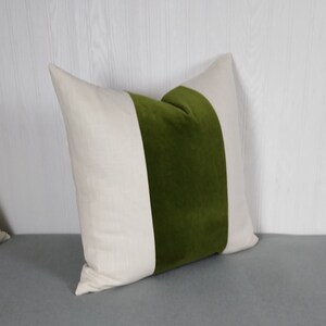 Olive Green Pillow Cover Tri Panel Color Block with White or Off-White Side Panels 18x18 20x20 Made To Order image 2