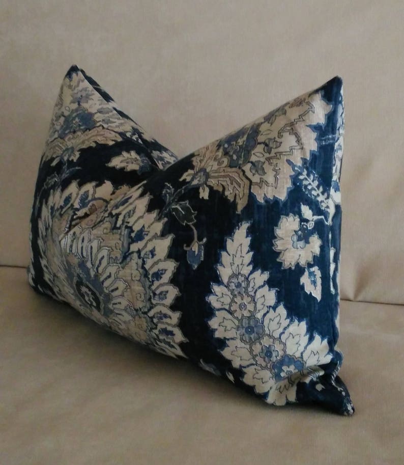 Navy Blue Ivory Floral Pillow Cover Navy Indigo Jacobean 13x20 Etsy
