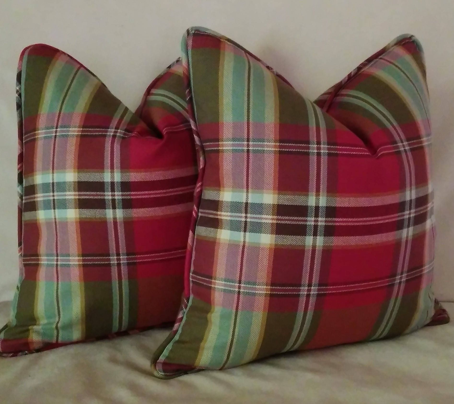 Red Green Plaid Pillow Cover Tartan Plaid Knife Edge or Piping Etsy