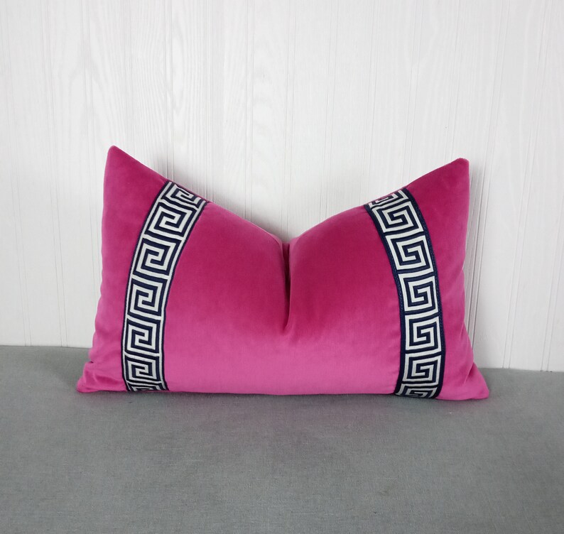 Fuchsia Pillow Cover With Navy Blue Greek Key Trim Pink Velvet Etsy