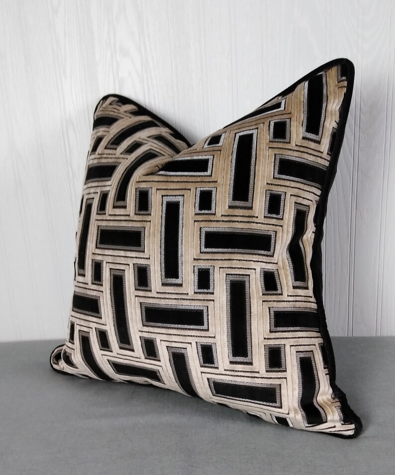 Black Ivory Taupe Pillow Cover Cut Velvet Geometric 18x18 Etsy
