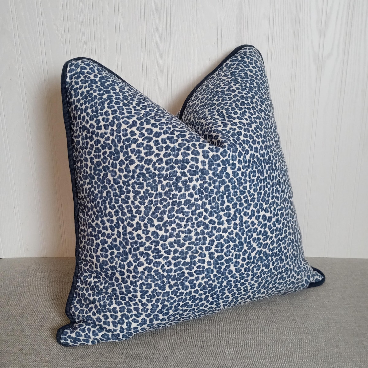 Blue Leopard Pillow Cover with Piping Animal Print on Cotton 20x20 22x22 MADE TO ORDER