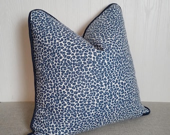 Blue Leopard Pillow Cover Animal Print on Cotton 16x16 18x18 20x20 22x22 MADE TO ORDER
