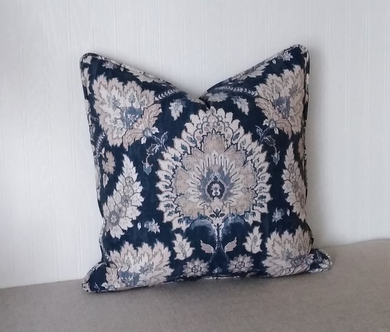 Navy Blue Ivory Pillow Cover Jacobean Floral Knife Edge or Etsy