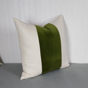Olive Green Pillow Cover Tri Panel Color Block with White or Off-White Side Panels 18x18 20x20 Made To Order image 4