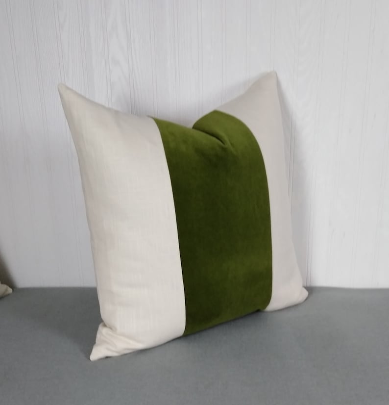 Olive Green Pillow Cover Tri Panel Color Block with White or Off-White Side Panels 18x18 20x20 Made To Order image 4