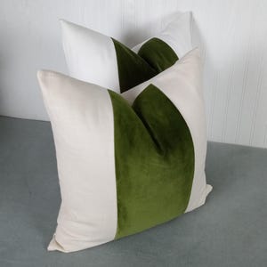 Olive Green Pillow Cover Tri Panel Color Block with White or Off-White Side Panels 18x18 20x20 Made To Order image 5