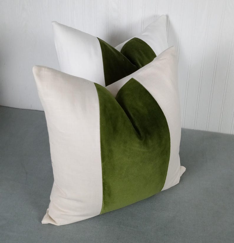 Olive Green Pillow Cover Tri Panel Color Block with White or Off-White Side Panels 18x18 20x20 Made To Order image 5