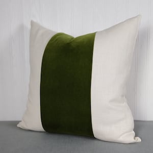 Olive Green Pillow Cover Tri Panel Color Block with White or Off-White Side Panels 18x18 20x20 Made To Order image 1