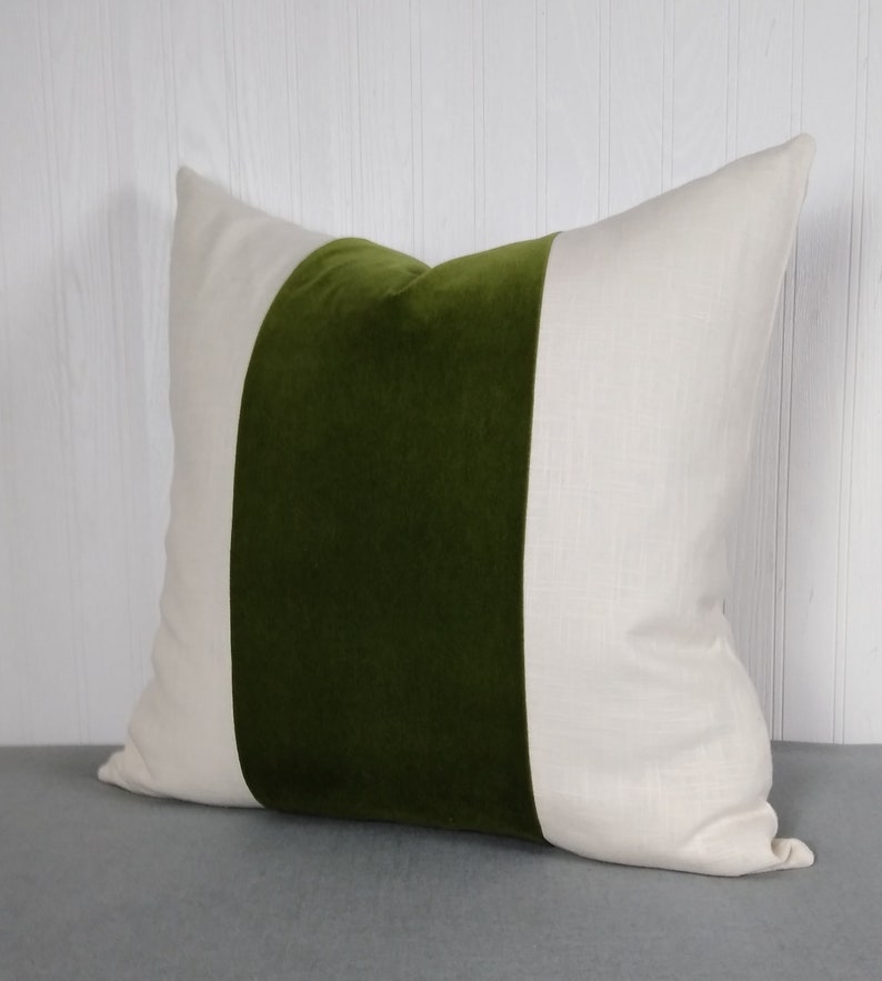 Olive Green Pillow Cover Tri Panel Color Block with White or Off-White Side Panels 18x18 20x20 Made To Order image 1