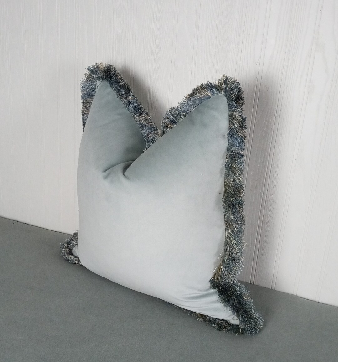 Light Blue Velvet Pillow Cover With Brush Fringe 20x20 Etsy