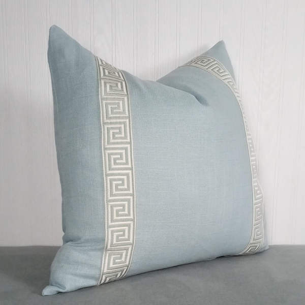 Blue Pillow Cover Light Blue Linen Rayon with Greek Key Trim FREE PIPING 18x18 20x20 22x22 Made To Order