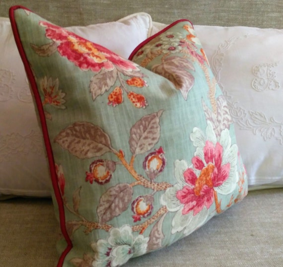 Aqua Floral Pillow Cover Aqua Pink Orange Jacobean Floral Etsy