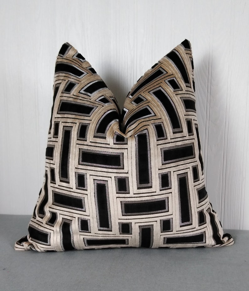 Black Ivory Taupe Pillow Cover Cut Velvet Geometric 18x18 Etsy