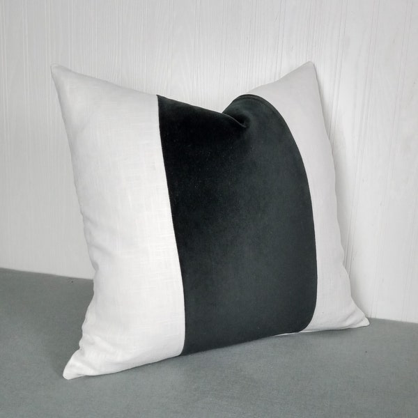 Black and White Pillow Cover Velvet and Linen Rayon Tri Panel Color Block  White Side Panels  20x20 ON SALE!