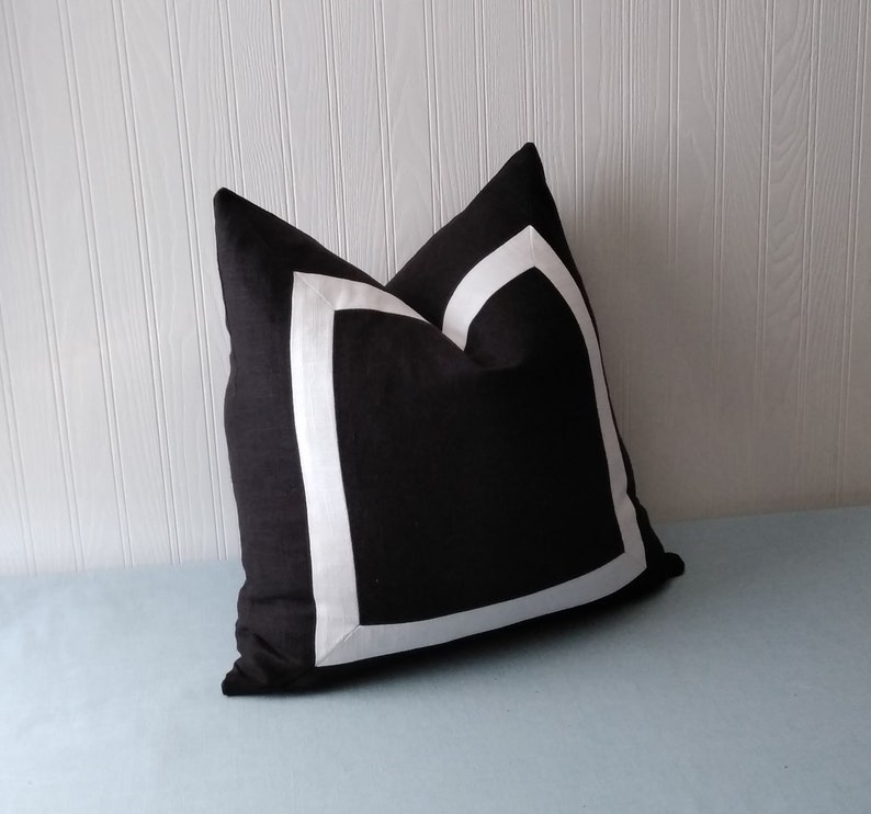 Black and White Pillow Cover Linen Rayon Mitered Band 20x20 Etsy