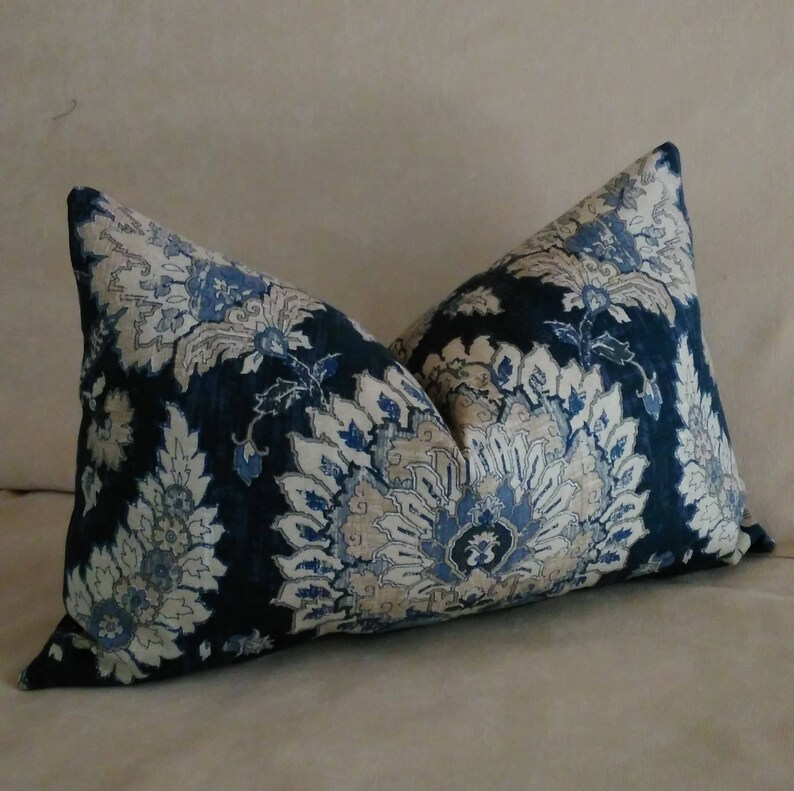 Navy Blue Ivory Pillow Cover Jacobean Floral Knife Edge or Etsy