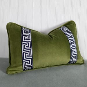 Olive Green Pillow Cover with Navy and White Greek Key Trim FREE PIPING 13x20 14x22 Made To Order