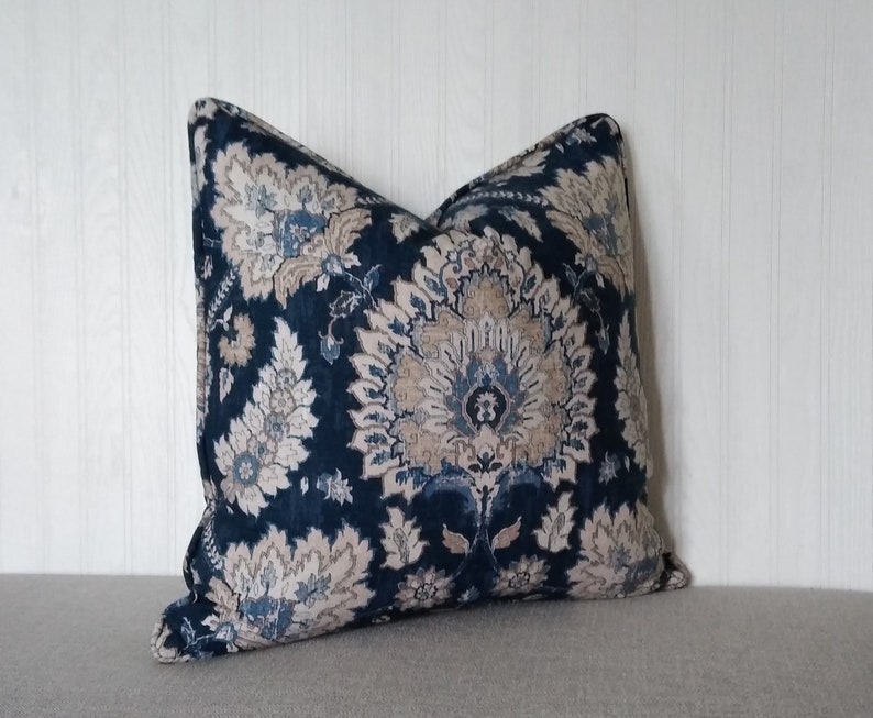 Navy Blue Ivory Floral Pillow Cover Navy Indigo Jacobean 13x20 Etsy