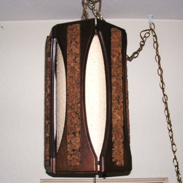 MCM Hexagonal wood and cork Swag hanging lamp