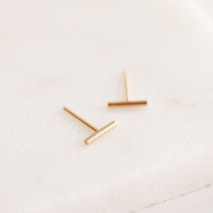 Tiny Line Earrings Gold, Rose Gold, or Silver Bar Earrings Line Posts Parallel Lines Simple Staple Post Minimalist Thin 14k Earrings image 1