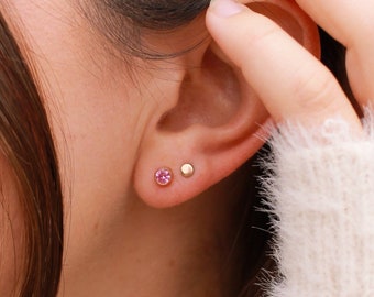 Birthstone Studs • Dainty Minimalist Gemstone Earrings - Solid 14k, Gold Filled, Sterling Silver or Rose Gold