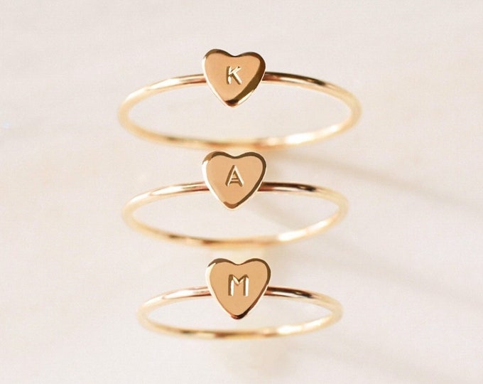 Cleo Heart Ring • Dainty Personalized Initial Ring - Solid 14k, Gold Filled, Sterling Silver or Rose Gold