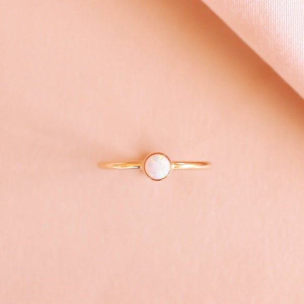 October Birthstone Ring - White Opal Ring - 14k Gold or Silver - Simple Stacking Ring - Small Round Opal Ring - Mothers Ring - Promise Ring
