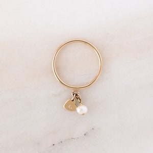 Cleo Bauble Ring Gold, Silver or Rose Gold Heart Initial Ring Personalized Jewelry Gift for Her Friendship Ring Pearl Charm image 1