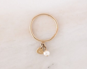 Cleo Bauble Ring • Gold, Silver or Rose Gold - Heart Initial Ring - Personalized Jewelry - Gift for Her - Friendship Ring - Pearl Charm