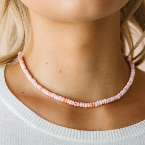 Pink Opal Beaded Necklace • Natural Gemstone Jewelry - Valentine's Day Gift for Her - October Birthstone - Birthday Present Boho Surf Chic