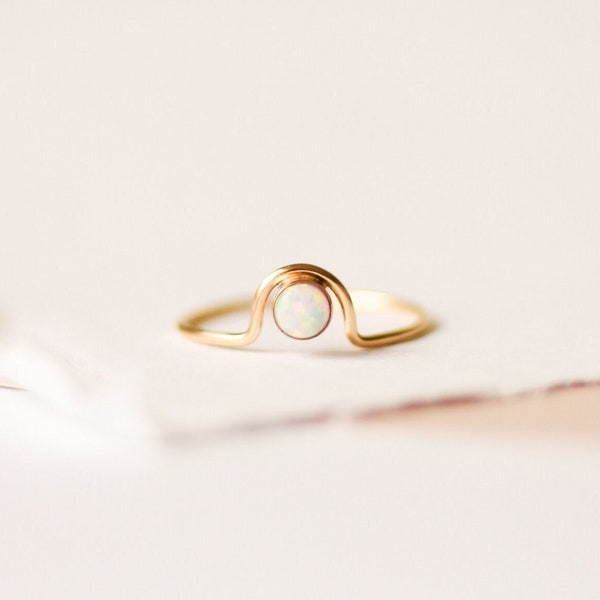 Opal Arch Ring • October Birthstone Ring - 14k Gold or Silver - Modern Stacking Ring - Small Round Opal Ring - Mothers Ring - Promise Ring