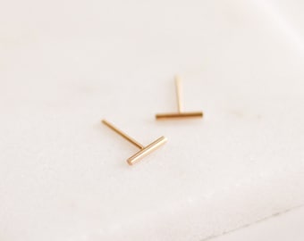 Petites boucles d'oreilles - Or, or rose ou argent - Boucles d'oreilles petite barre - Montants linéaires - Parallèles - Montants simples à agrafes 14 carats Minimaliste fin