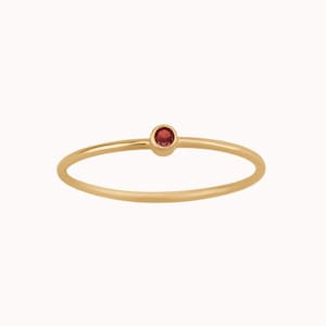May include: A delicate gold ring with a small, round, red gemstone.