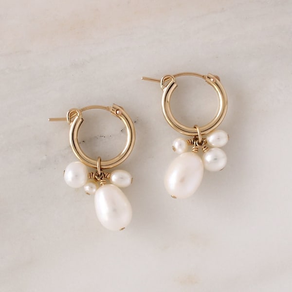 Verona Pearl Hoops • Gold or Silver - Bridal Earrings - Bridesmaid Gift - Cluster Pearl Jewelry - Gift for Her - Gift for Wife Birthday Gift